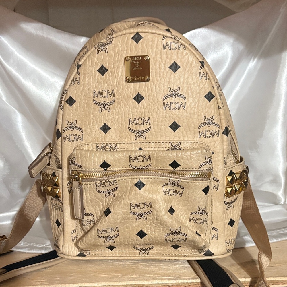 MCM Beige Visetos Logo Mini Backpack with Gold Stud Accents